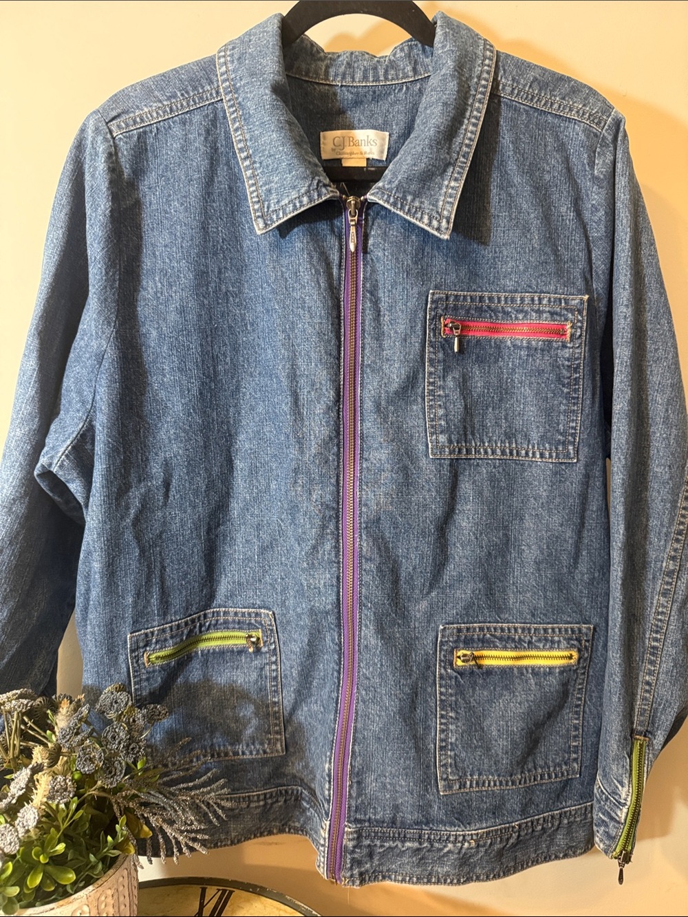 Vintage CJ Banks Light Blue Denim Jacket with cute primary color Zipper Accents